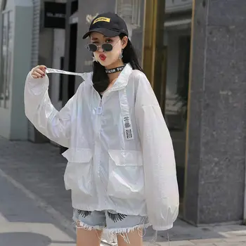 2019 Vară de protecție Solară jacheta Subtire femei de Moda Streetwear Mare buzunar Panglici de Argint Jachete Femei Vrac Plus dimensiune de Bază strat