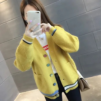 Stil Coreean Buzunare Mari Femei Casual Pierde V-Gât Maneca Lunga Pulover Office Lady Singur Pieptul Buton Cardigan Strat Tricotaje