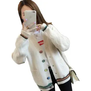 Stil Coreean Buzunare Mari Femei Casual Pierde V-Gât Maneca Lunga Pulover Office Lady Singur Pieptul Buton Cardigan Strat Tricotaje