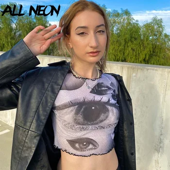 ALLNeon Y2K Estetica Ochii Mari de Imprimare cu Maneci Scurte T-shirt-uri de E-fata Streetwear O-gât Volane Cultură de Vară Tricouri Femei Costumele Drăguț
